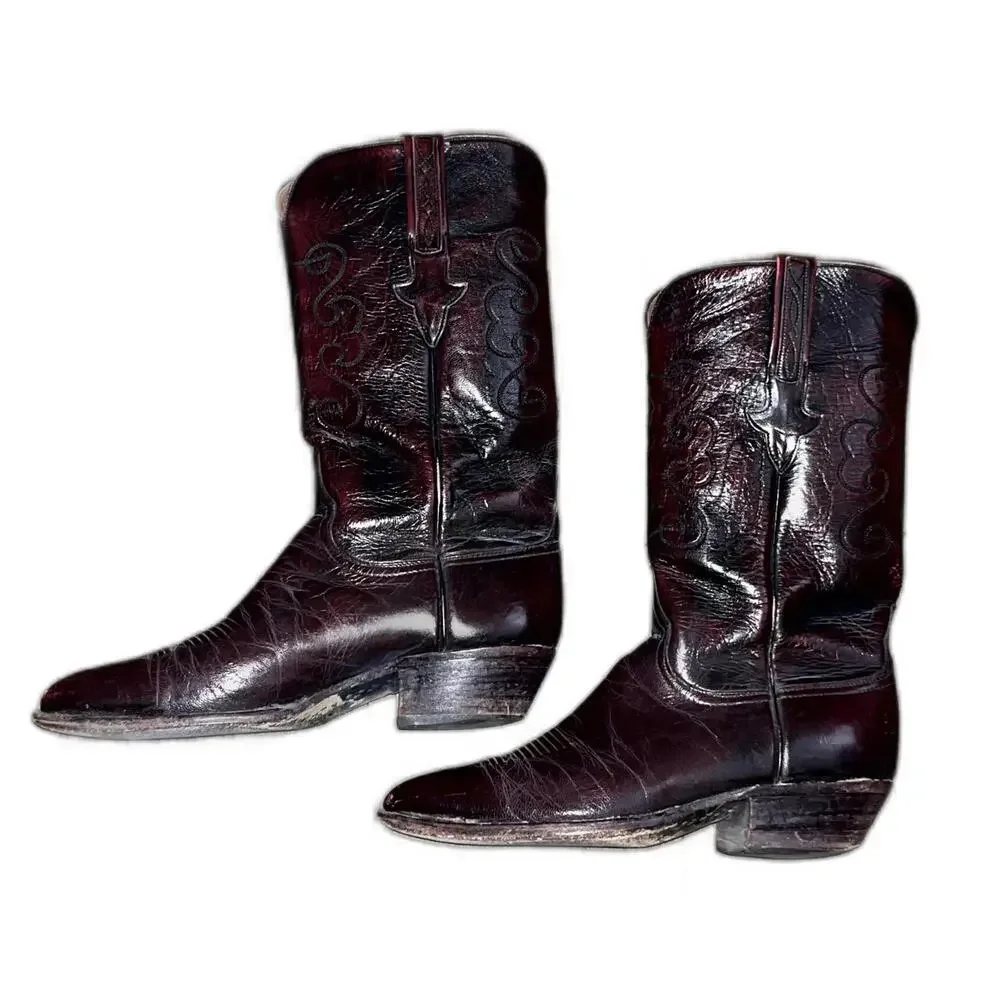 Vintage Lucchese Men's Cowboy Leather Western Boots Cherry Red Size 8